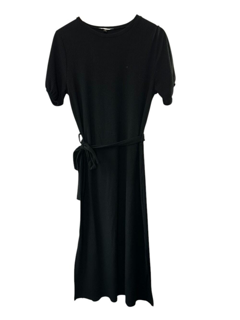 Miss Selfridge Black Ribbed Short Sleeve Belted Sheath Dress  Women's US 12